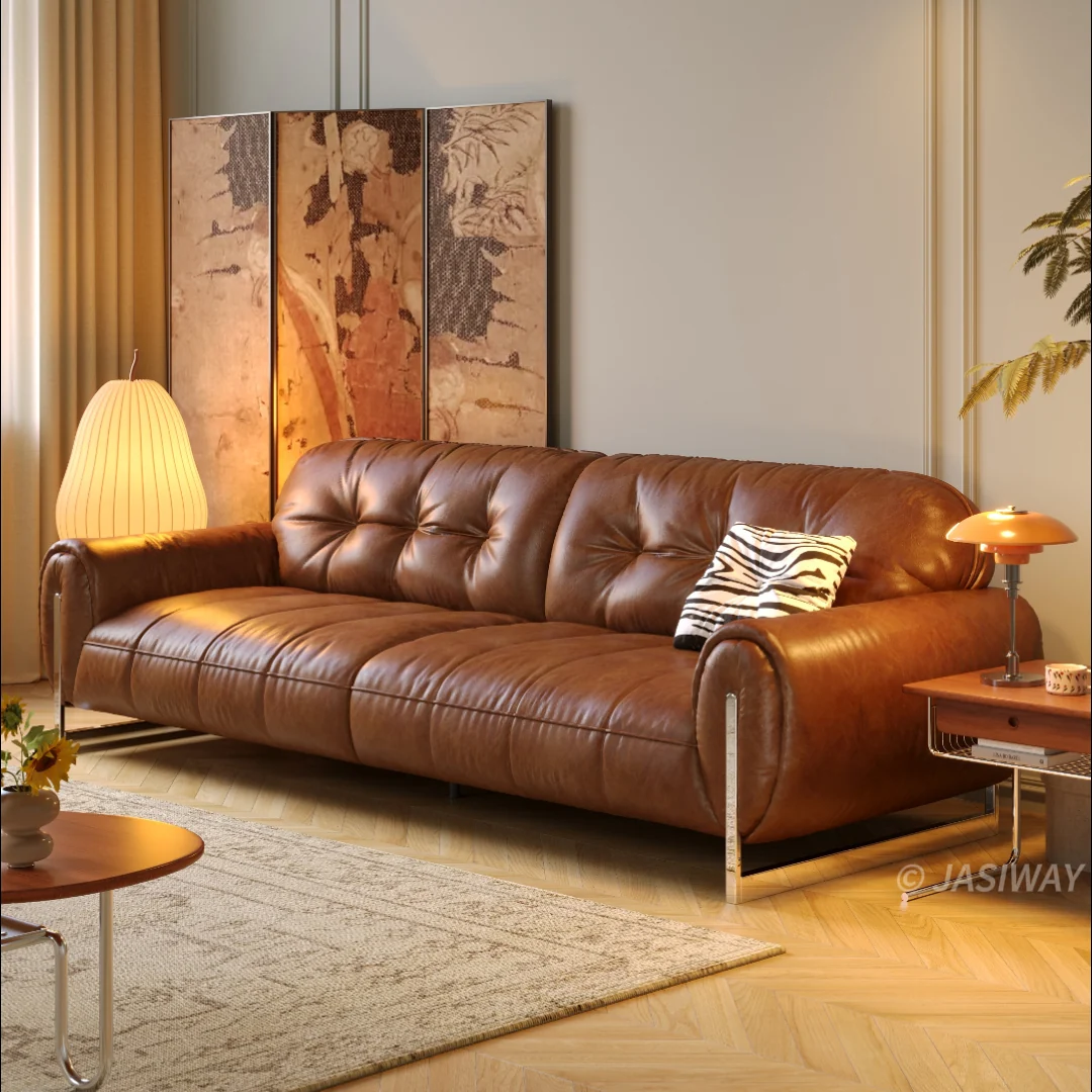 JASIWAY mediados siglo Moderno Café piel sofá sofá| Vintage capitonado 3-plazas profundo asiento sofá con enrollado brazos & metal patas para Sala