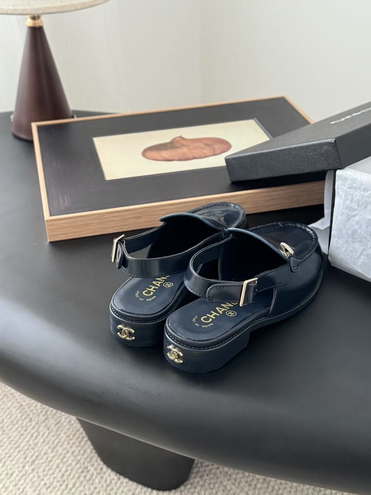 Chanel Diamante Slingback Loafers in Dark Blue Leather