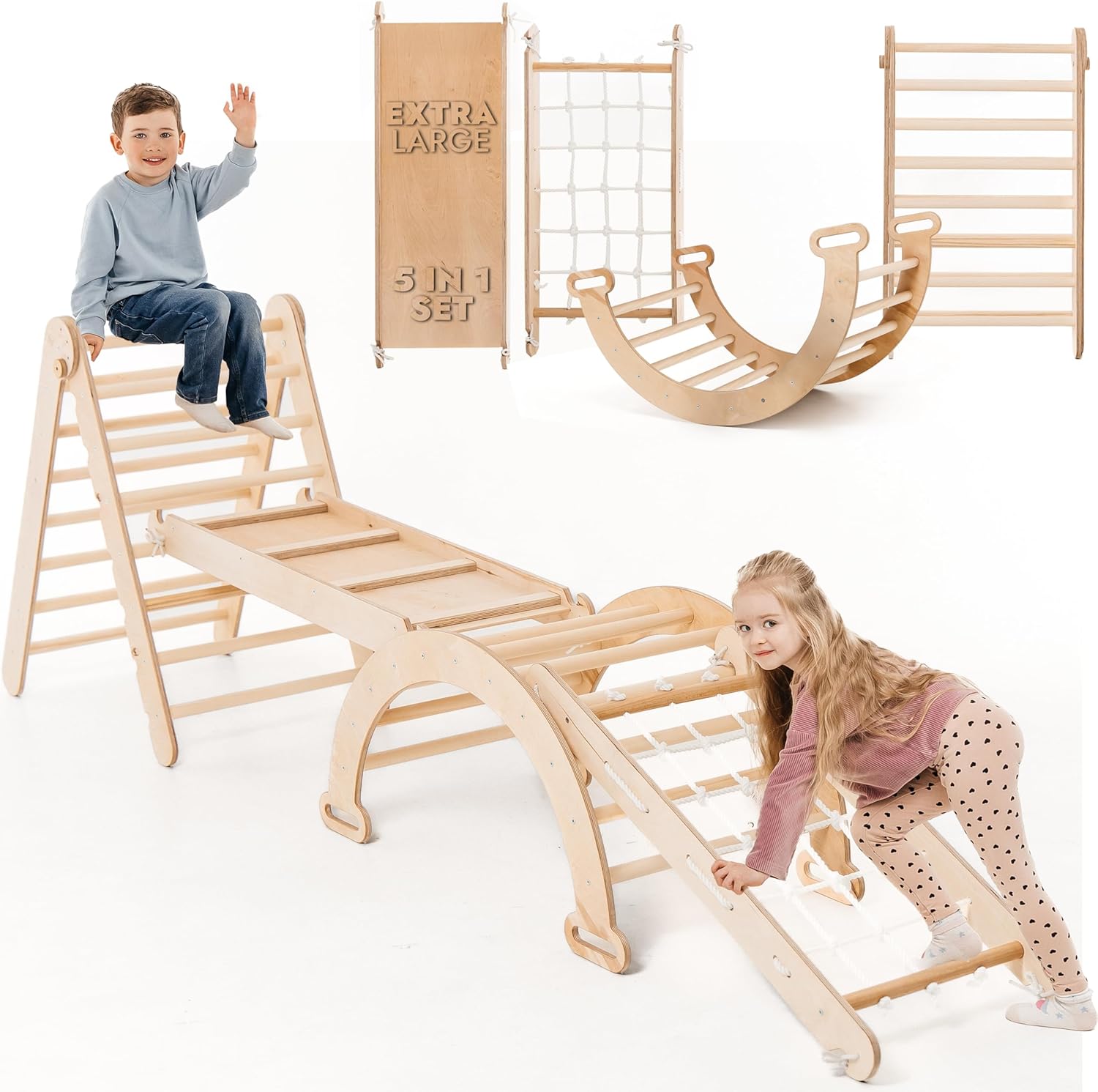 Zestaw wspinaczkowy 5 w 1 Montessori - drewniana siłownia z trójkątną drabinką i łukiem oraz rampą wspinaczkową, siatką i poduszką - rama wspinaczkowa dla maluchów w wieku 1-7 lat w rozmiarze XL