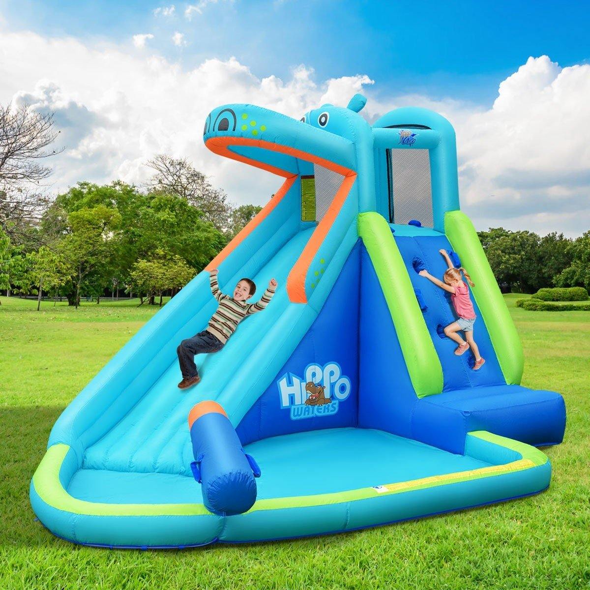 BOUNTECH Inflatable Water Slide, Hippo Themed Kids Waterslide Park for Outdoor w/Long Slide & Splash Pool