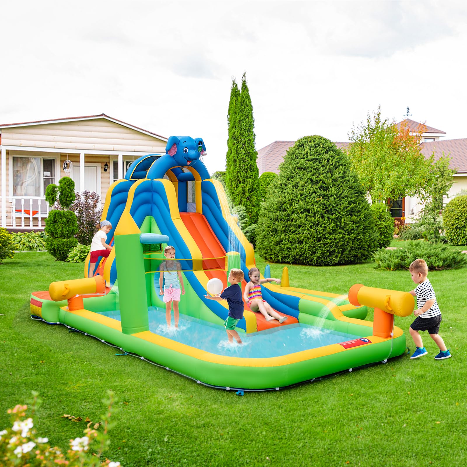 BOUNTECH Inflatable Water Slide Park, Kids Waterslide for Outdoor with Splash Pool
