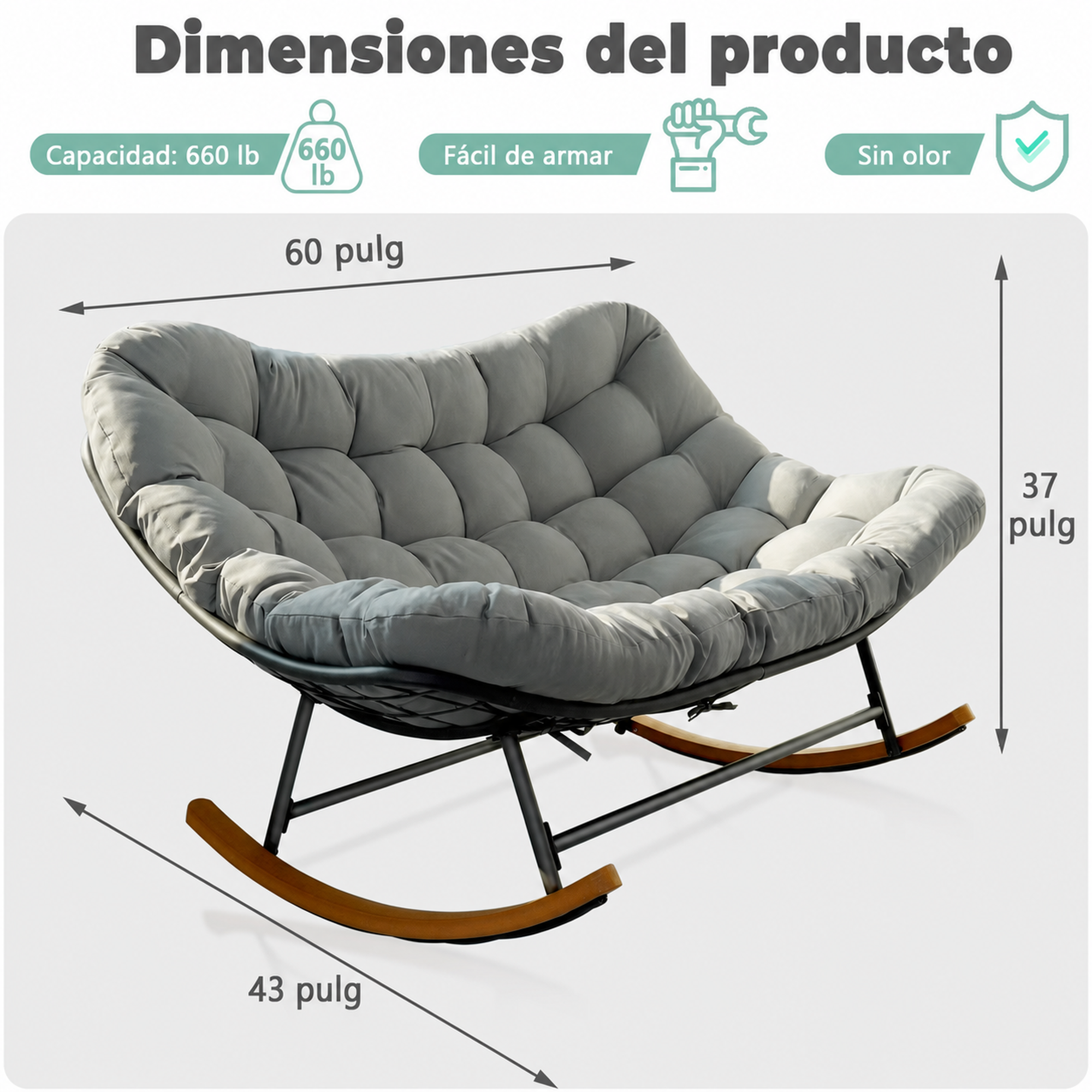 AuraNest mecedora Papasan doble con cojín de 6 pulgadas
