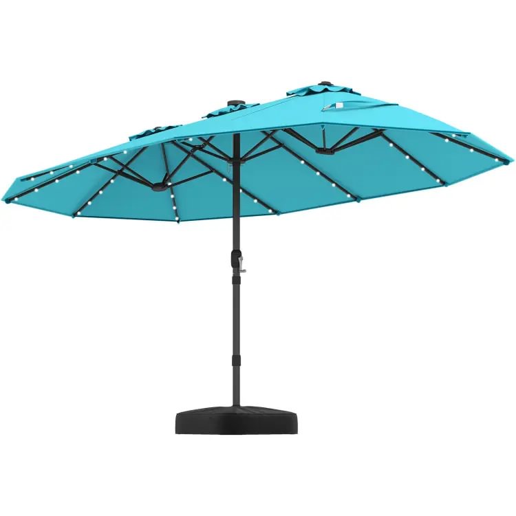 Sombrilla solar de 4,5/4 m con base, sombrilla doble extragrande para exteriores con 36 luces LED y manivela, perfecta para jardines, patios, piscinas y cobertizos exteriores.