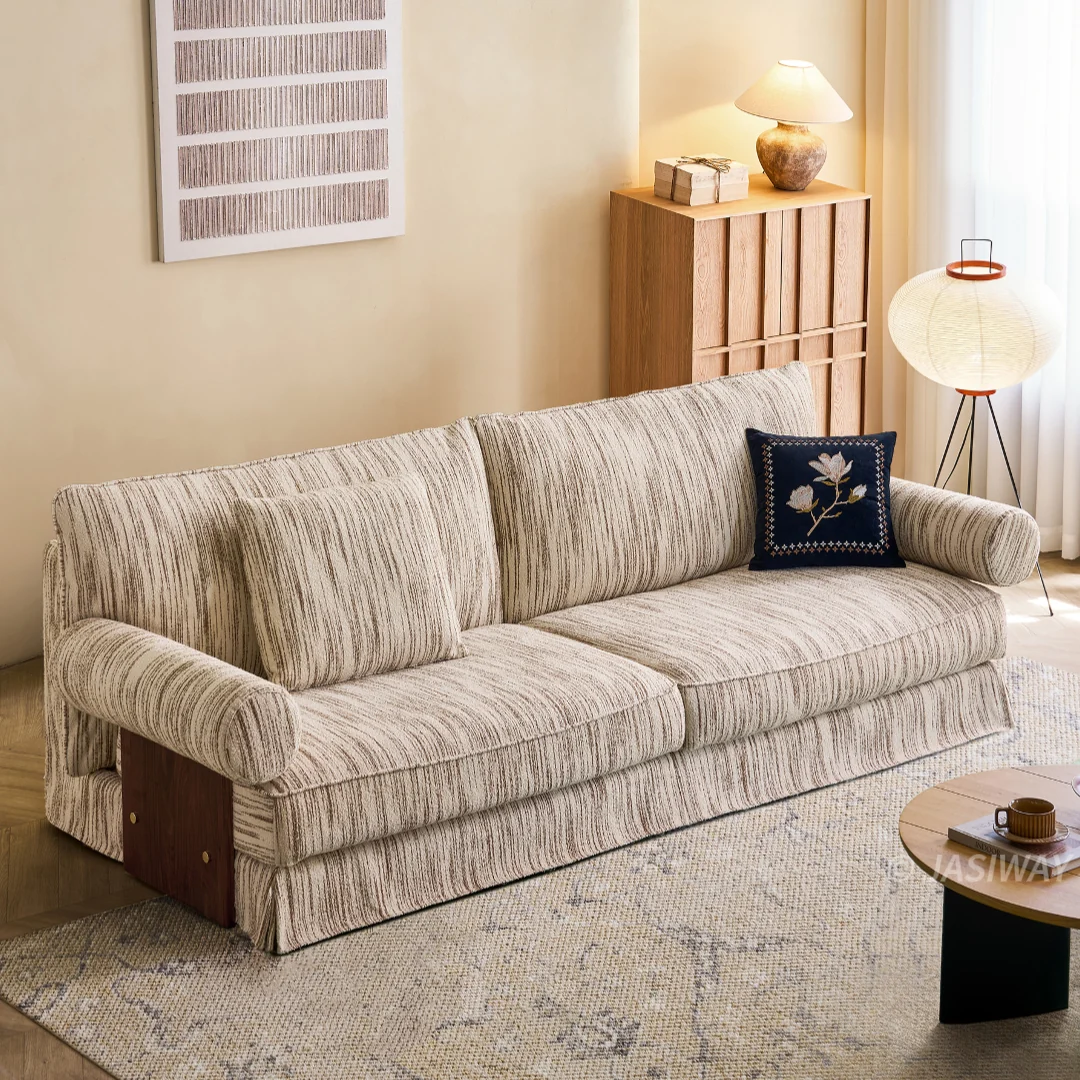 JASIWAY texturizado lino mezcla sofá– Minimalista Crema Blanco Tapizado sofá con Madera maciza detalle| cómodo Sala asiento