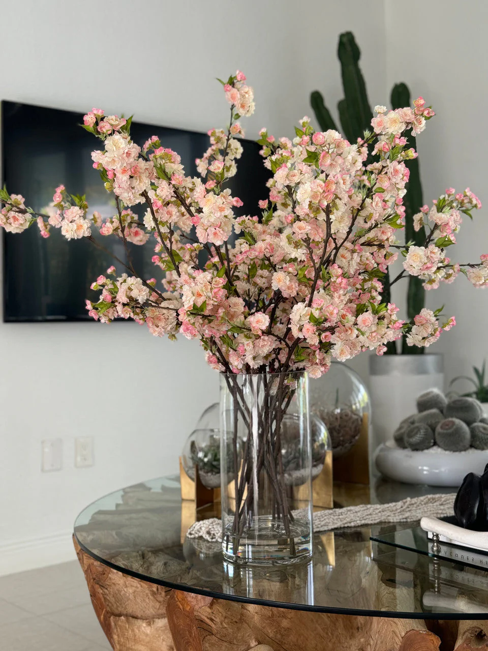 Pink Cherry Blossoms In 16″ Glass Cylinder