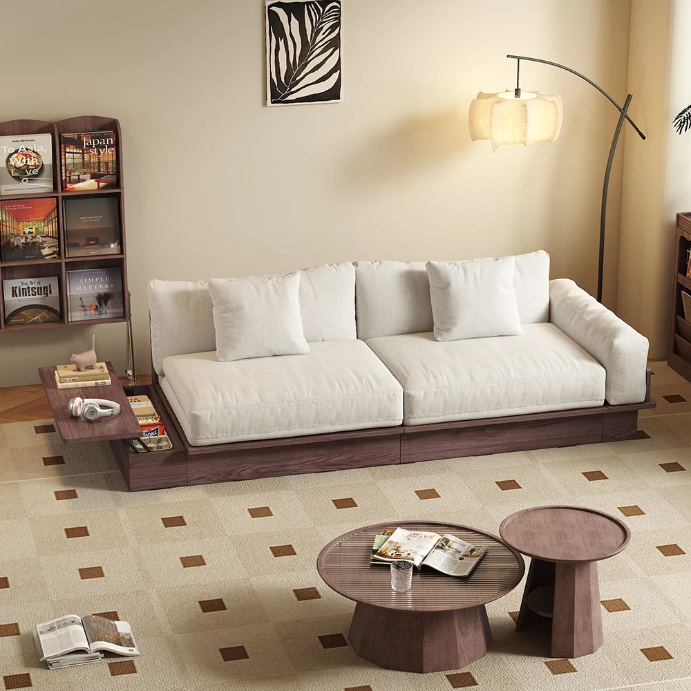 NÓVORA CASA piso plataforma madera estructura Sofá cama– de doble cara reposabrazos, pana o lino mezcla tapizado