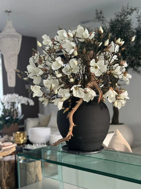 Black Konos Vase with White Magnolias