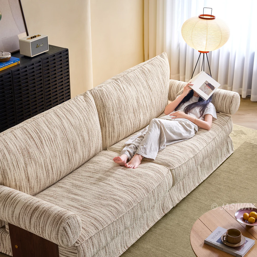 JASIWAY texturizado lino mezcla sofá– Minimalista Crema Blanco Tapizado sofá con Madera maciza detalle| cómodo Sala asiento