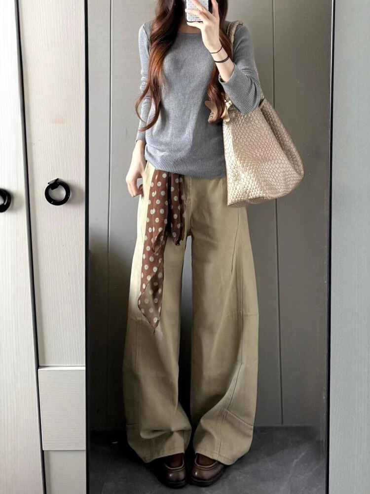 Women's Curved Wide-Leg Jeans, Spring/Summer Style, Low-Waisted, Loose Fit, Slimming, Khaki Color
