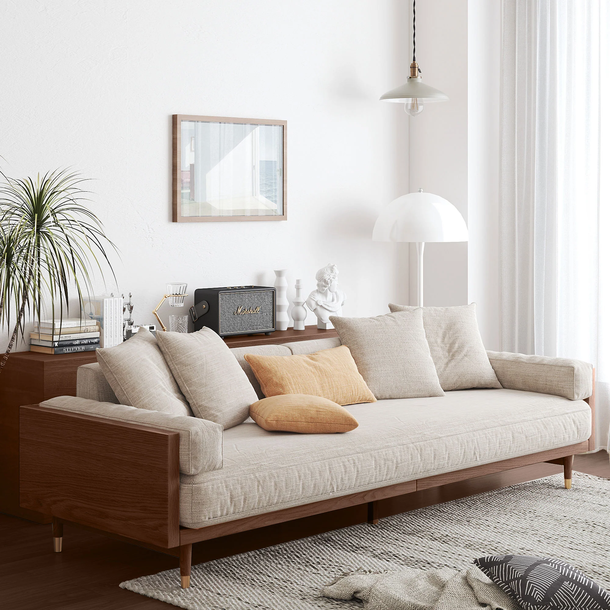 NÓVORA CASA Beige 3-asiento Tapizado lino tela sofá con Madera maciza estructura para Sala