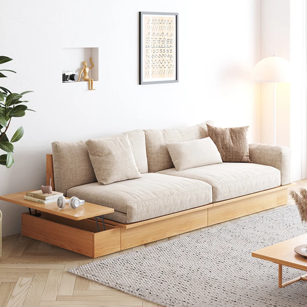 NÓVORA CASA Madera maciza Tapizado Lino de algodón sofá Beige plegable Sofá cama