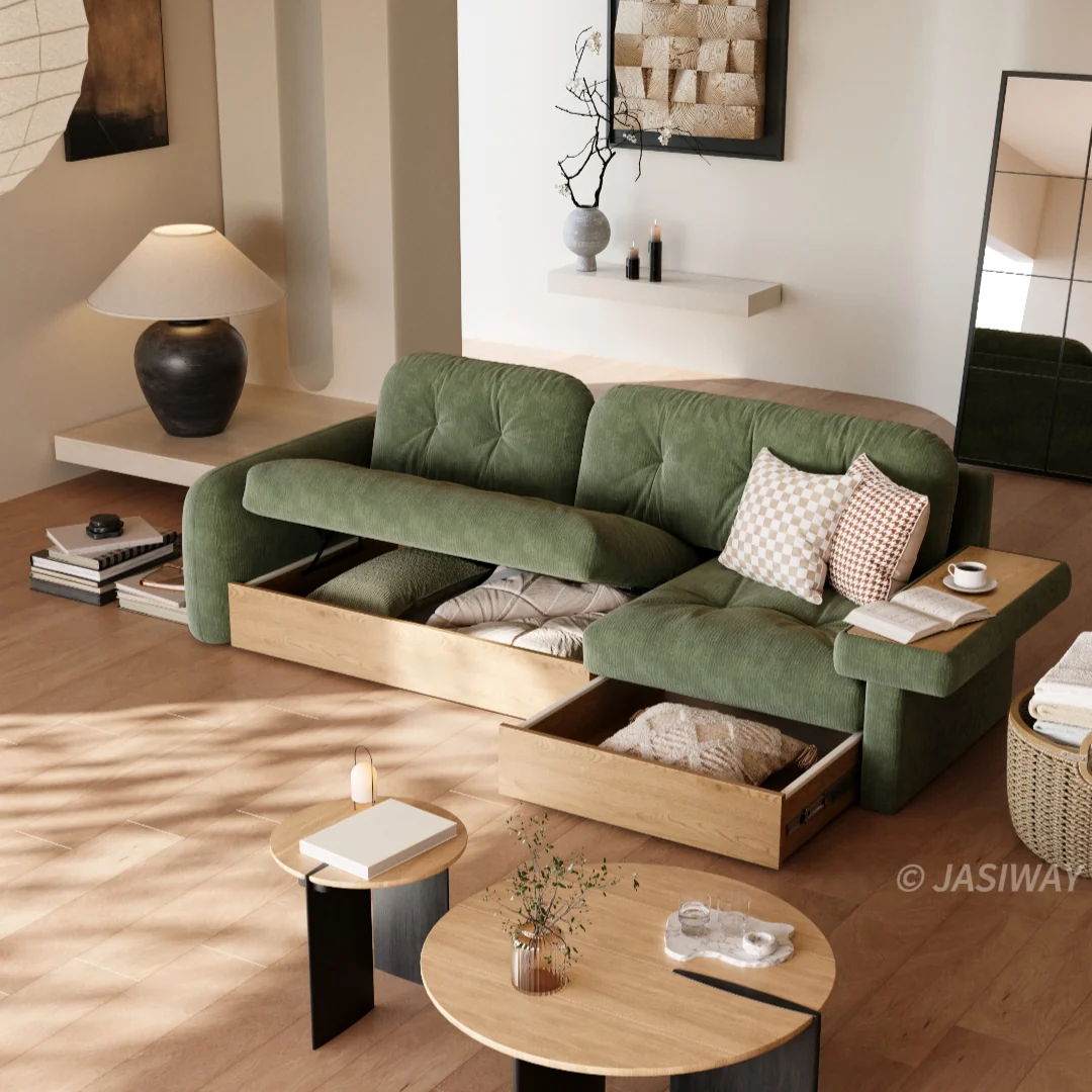 NÓVORA CASA Almacenamiento seccional sofá con Mesa auxiliar reposabrazos| L con forma sofá con elevable superior Almacenamiento, cajón o diván opciones, Moderno madera estructura Sala sofá