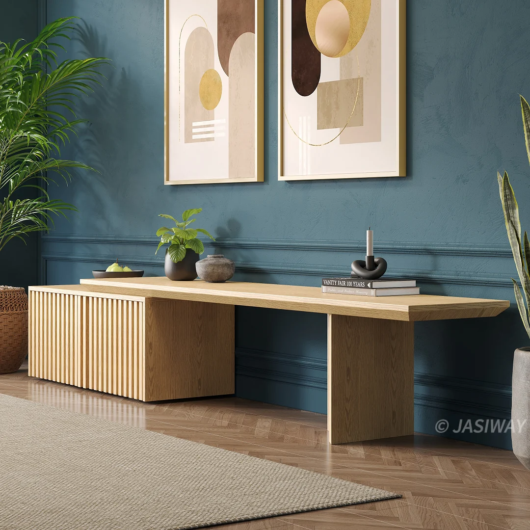 NÓVORA CASA Extensible mediados siglo Moderno Mueble para TV con acanalado puertas & Ajustable repisas| expandible madera multimedia consola para Sala