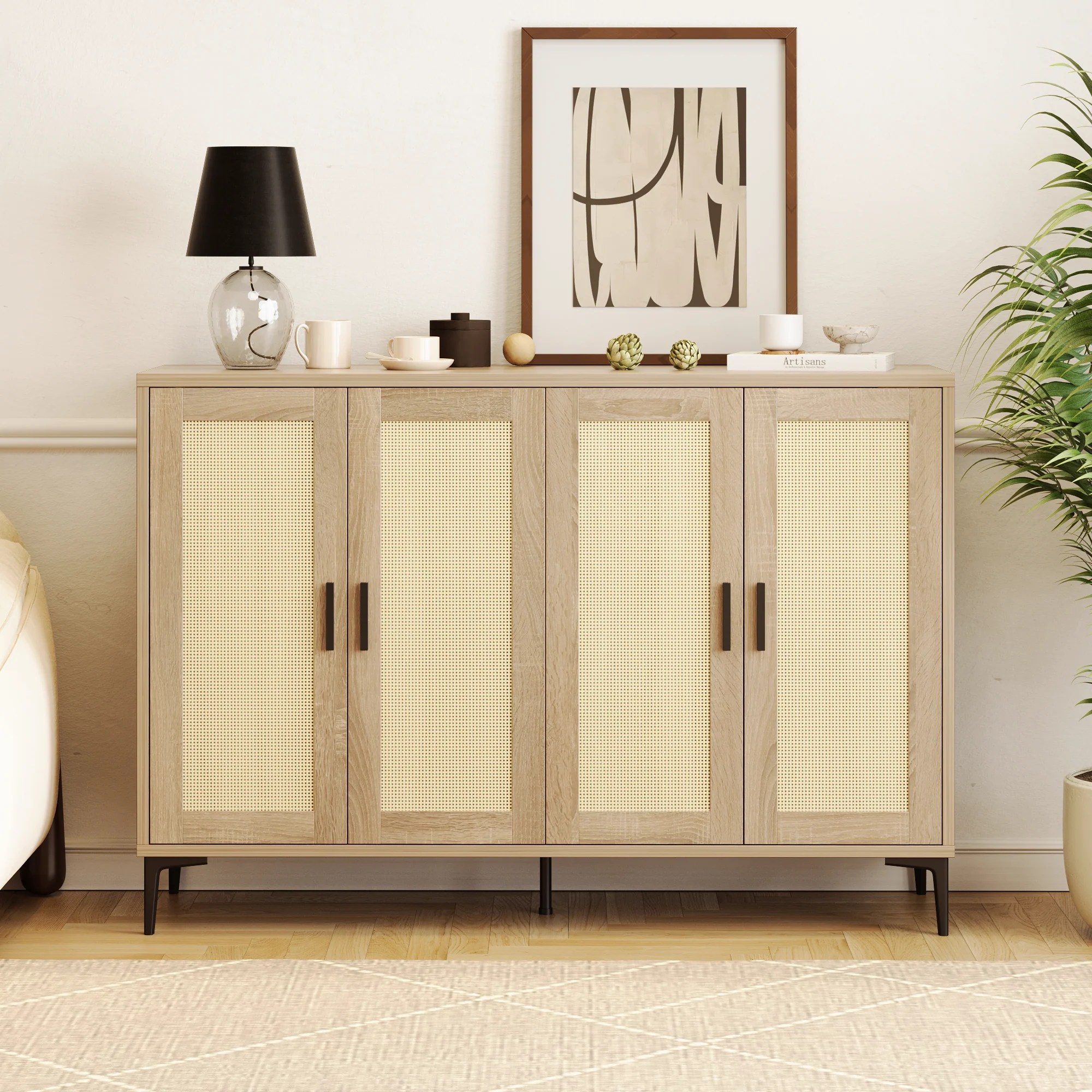 NÓVORA CASA 48.42 pulgadas Aparador gabinete con ratán decorado 4-puertas