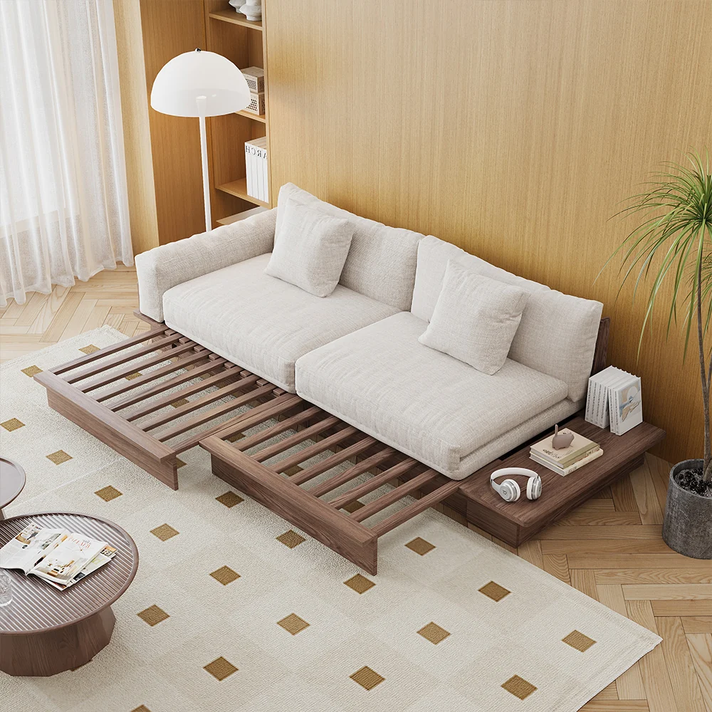 NÓVORA CASA piso plataforma madera estructura Sofá cama– de doble cara reposabrazos, pana o lino mezcla tapizado