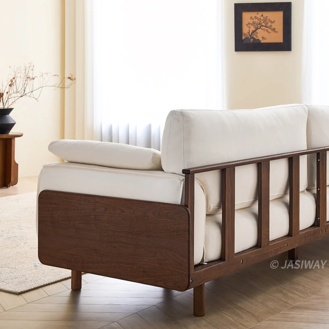 NÓVORA CASA Japandi 3-plazas sofá con Madera maciza estructura| Tapizado tela sofá para Sala