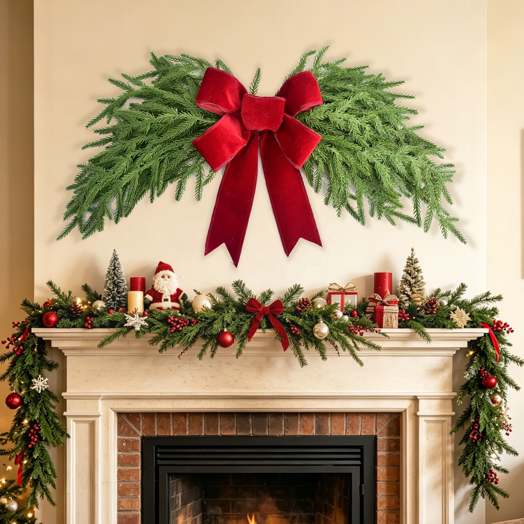 Christmas Door Swag Cedar Velvet Bow Decoration – 25.6 Inch