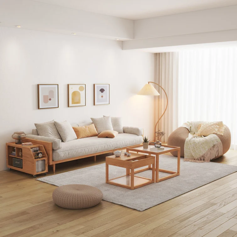 NÓVORA CASA Beige 3-asiento Tapizado lino tela sofá con Madera maciza estructura para Sala
