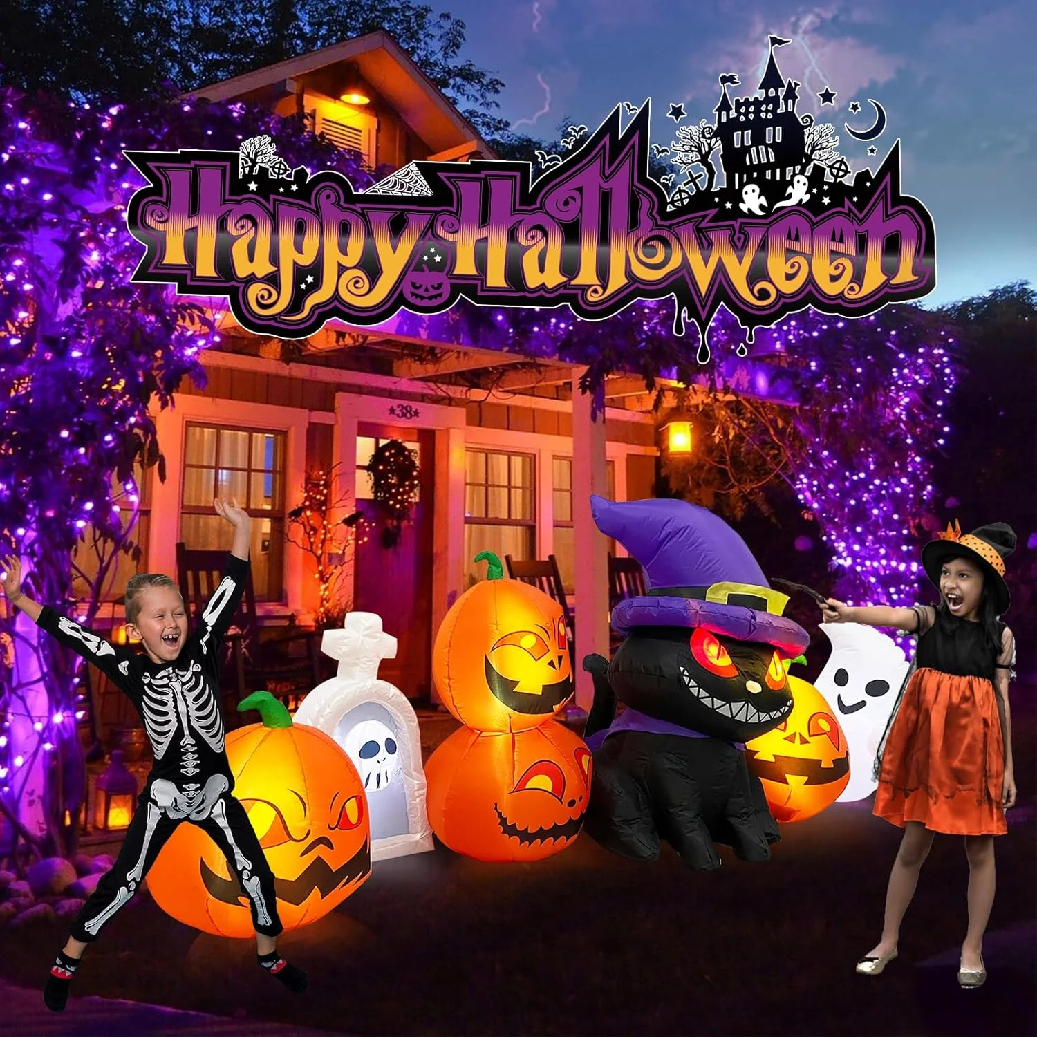 8 FT largo Halloween inflables Decoración exterior- inflable superior gato & calabaza linternas con lápida fantasma Halloween jardín decoraciones, integrado en LED lámparas Decoración para festivo fiesta jardín césped