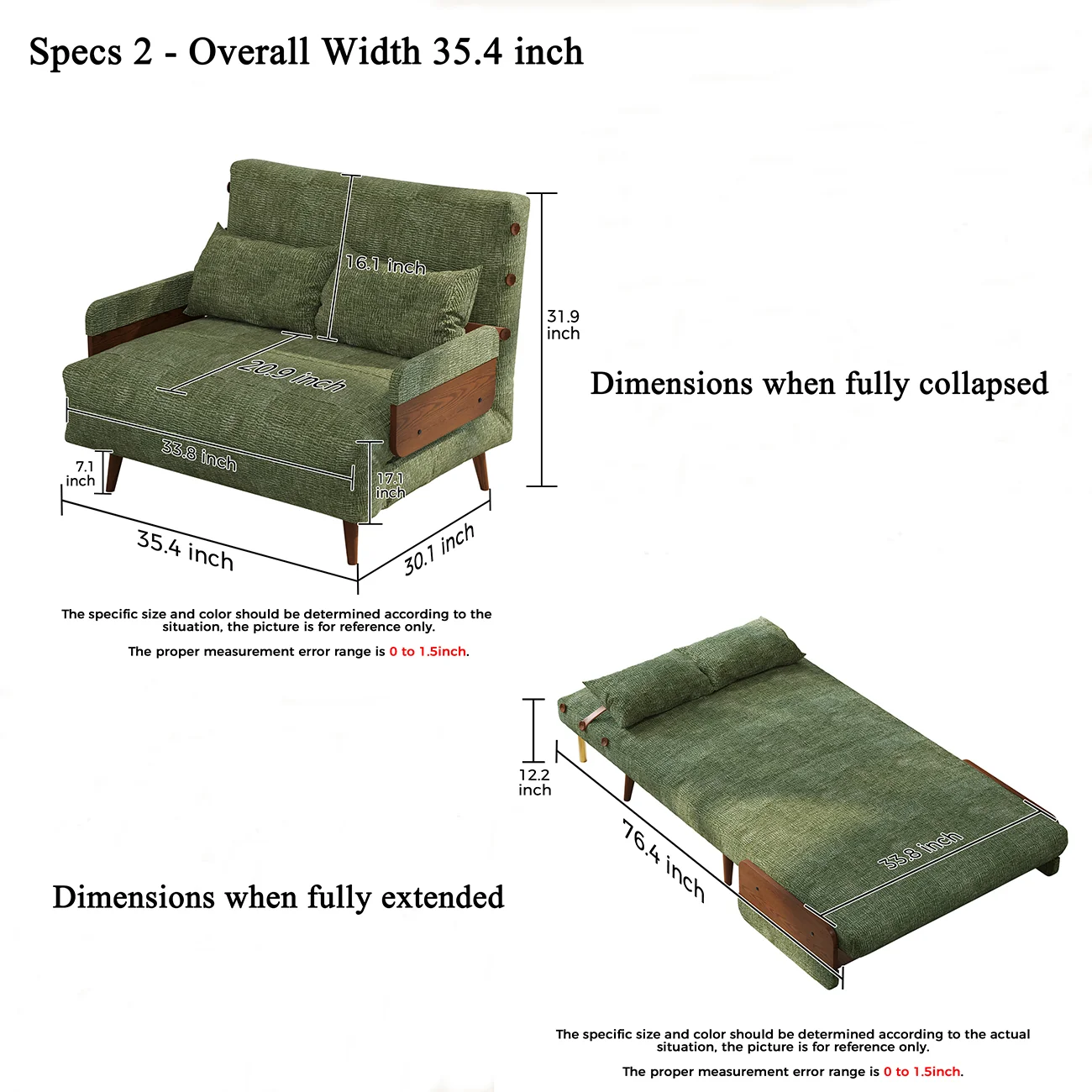 NÓVORA CASA mediados siglo Moderno Verde Sofá cama transformable para pequeño espacios| individual cama sofá con madera brazos