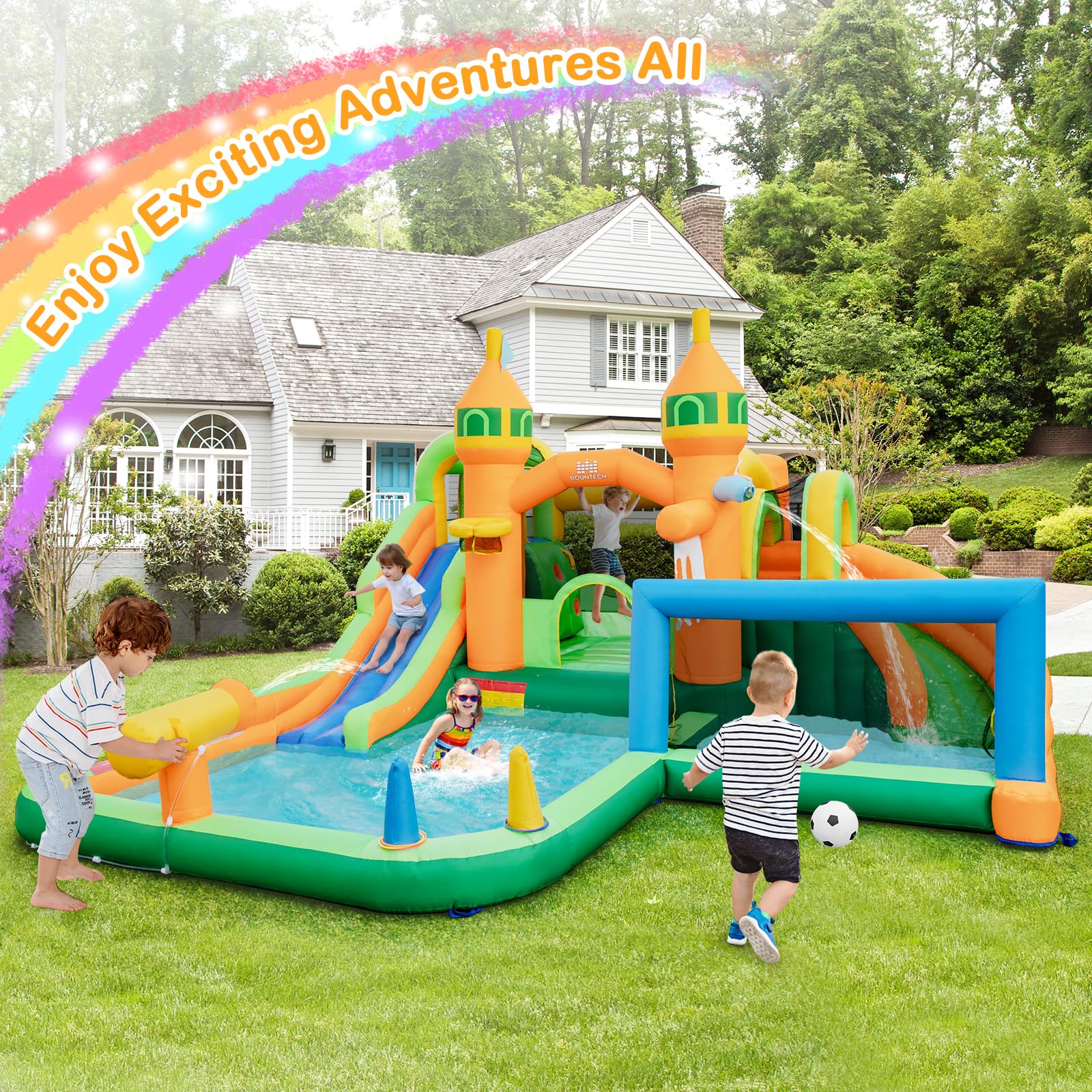 BOUNTECH Inflatable Water Slide Park, 9 in 1 Mega Waterslide Bounce House for Outdoor w/Dual Slides