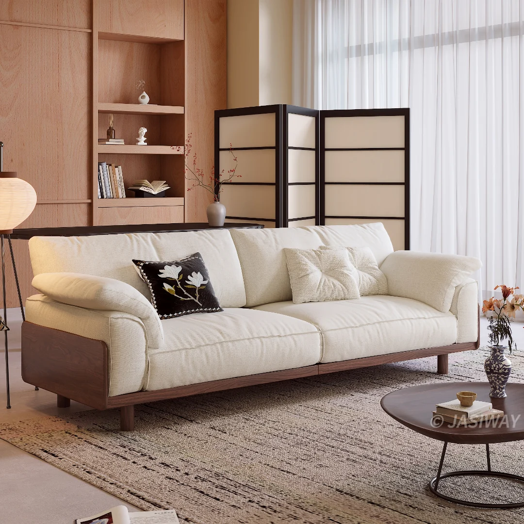 NÓVORA CASA Japandi 3-plazas sofá con Madera maciza estructura| Tapizado tela sofá para Sala