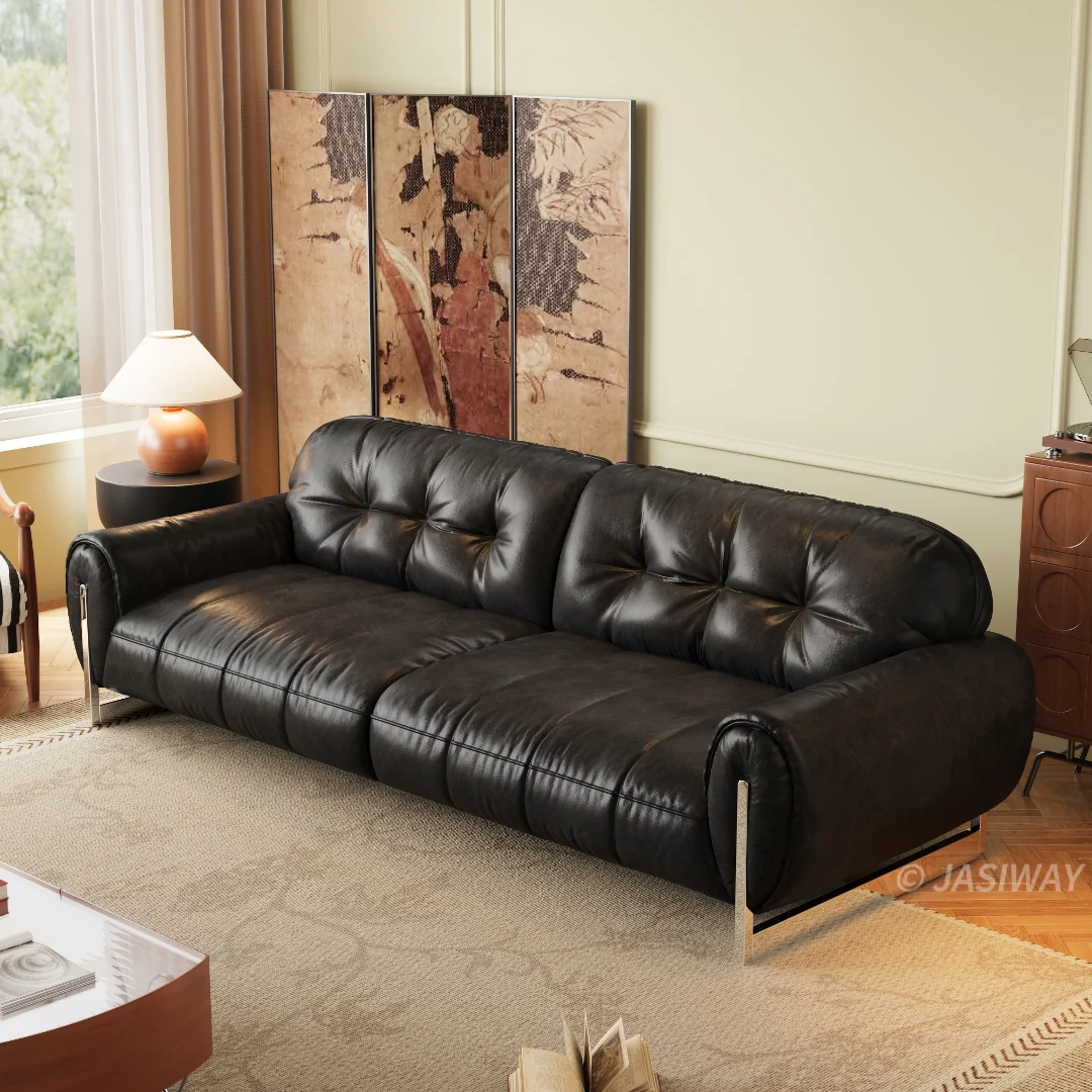 JASIWAY mediados siglo Moderno Café piel sofá sofá| Vintage capitonado 3-plazas profundo asiento sofá con enrollado brazos & metal patas para Sala