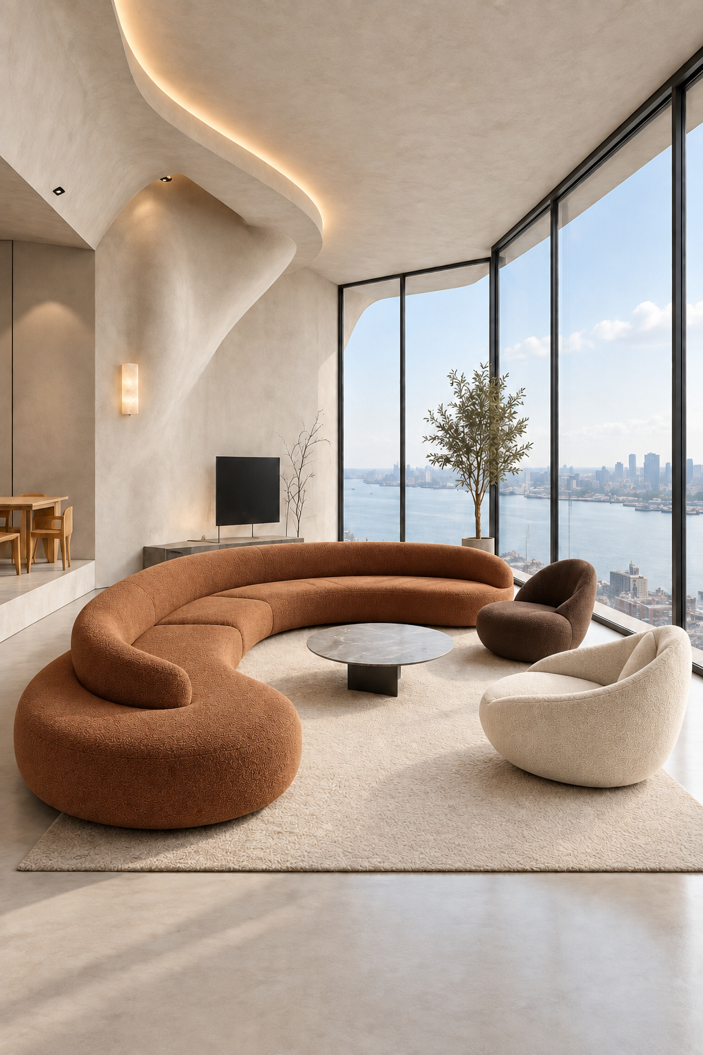 CurvaCasa · 1 sofá curvo + 2 sillones + 1 mesa de centro · Terracota caramelo · visualización IA