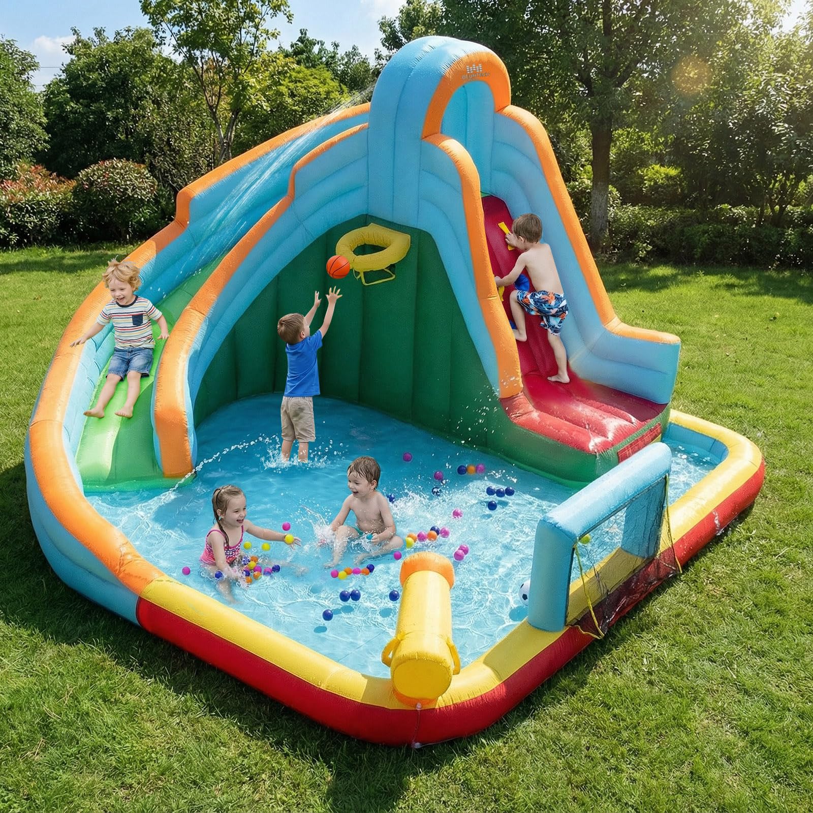 BOUNTECH Inflatable Water Slide | 6 in 1 Kids Waterslide Park for Outdoor w/Long Slide