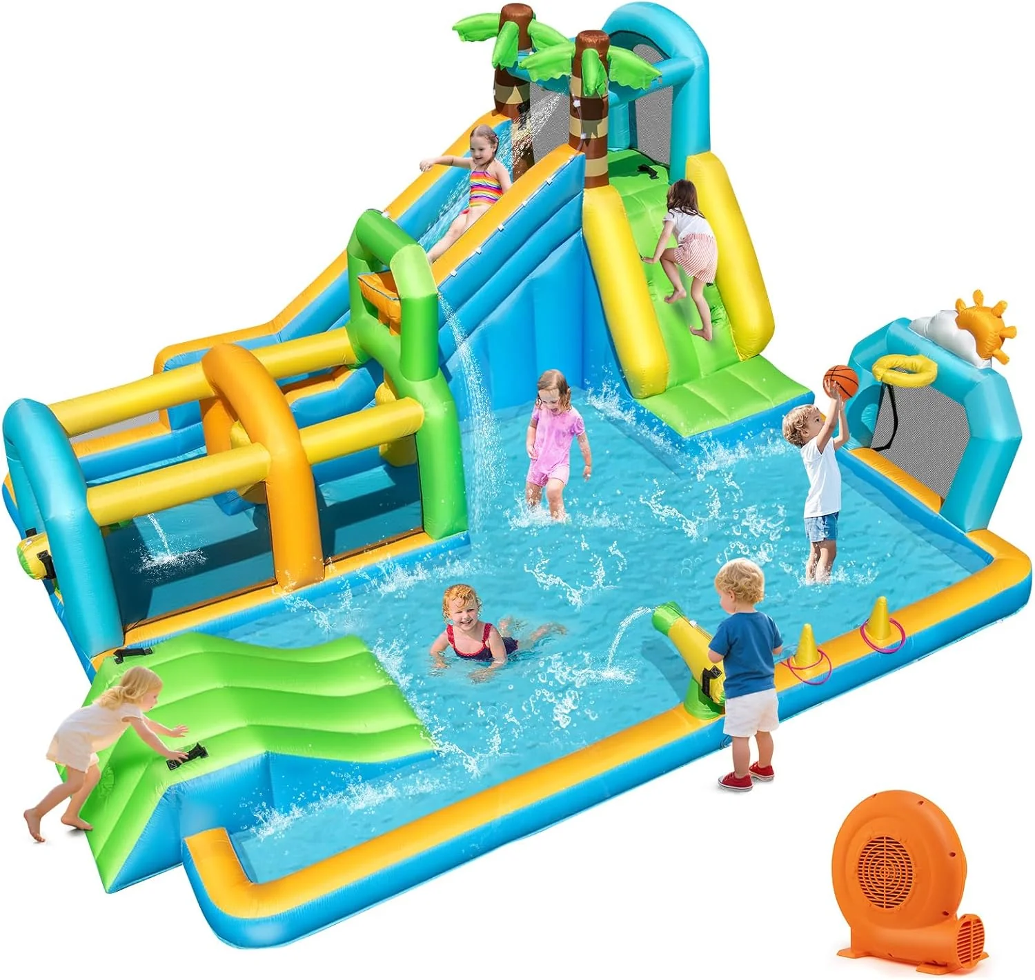 BOUNTECH Inflatable Water Slide Park 9-in-1 Water Slide with Basketball Rim