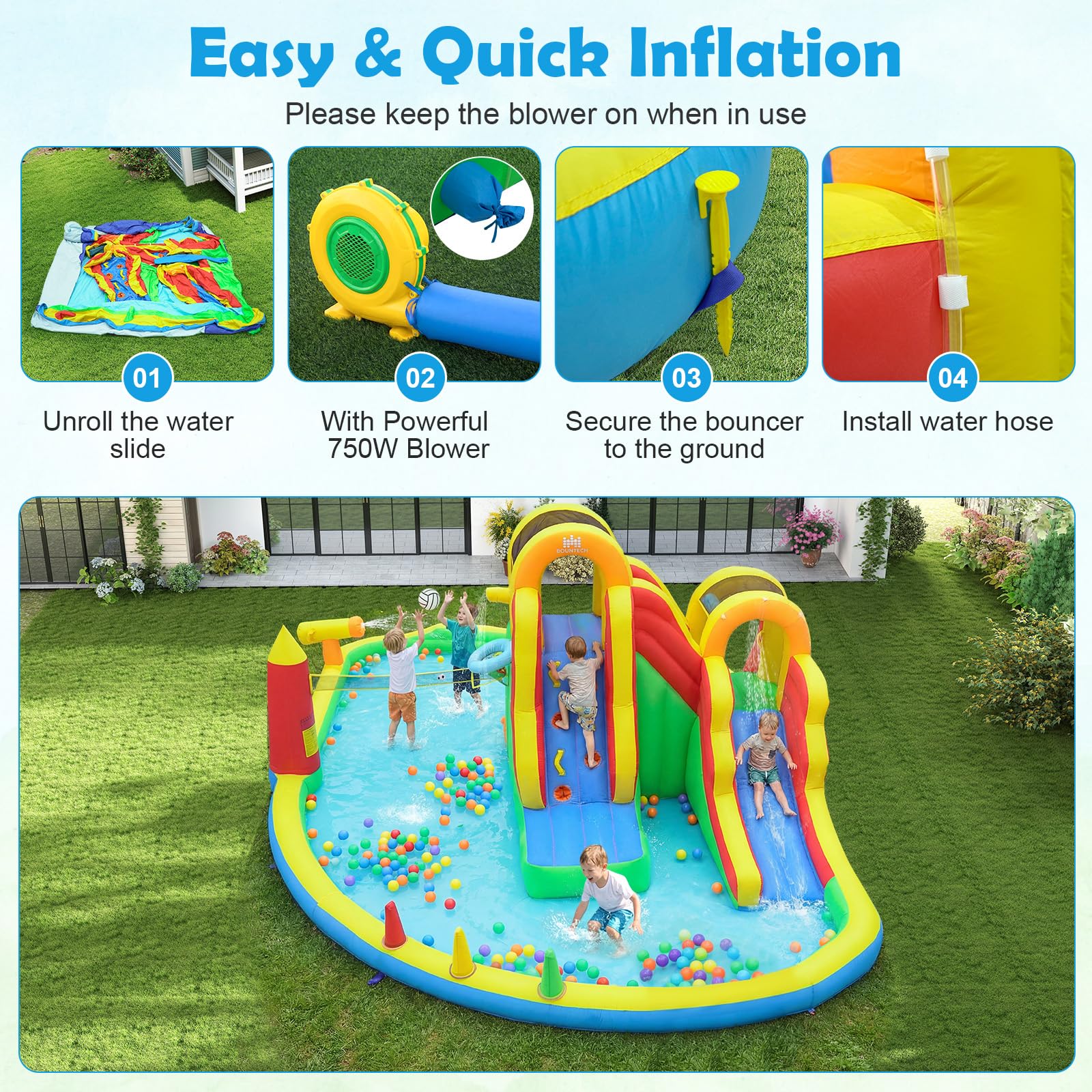BOUNTECH Inflatable Water Slide Park | 12 in 1 Kids Mega Water Bounce House with Large Deep Pool