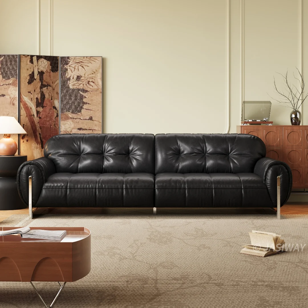 JASIWAY mediados siglo Moderno Café piel sofá sofá| Vintage capitonado 3-plazas profundo asiento sofá con enrollado brazos & metal patas para Sala