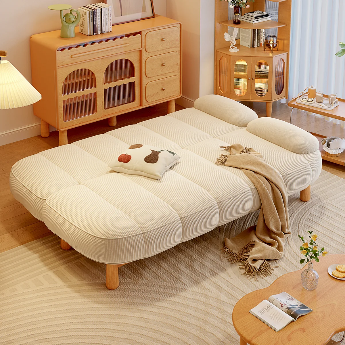 NÓVORA CASA Japandi sofá de dos plazas plegable Sofá cama en Crema Blanco & Verde pana tela