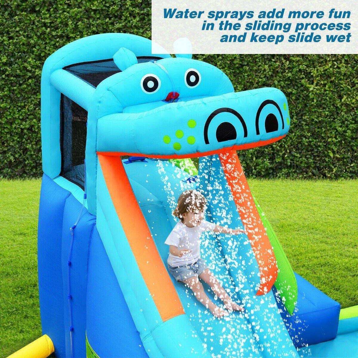 BOUNTECH Inflatable Water Slide, Hippo Themed Kids Waterslide Park for Outdoor w/Long Slide