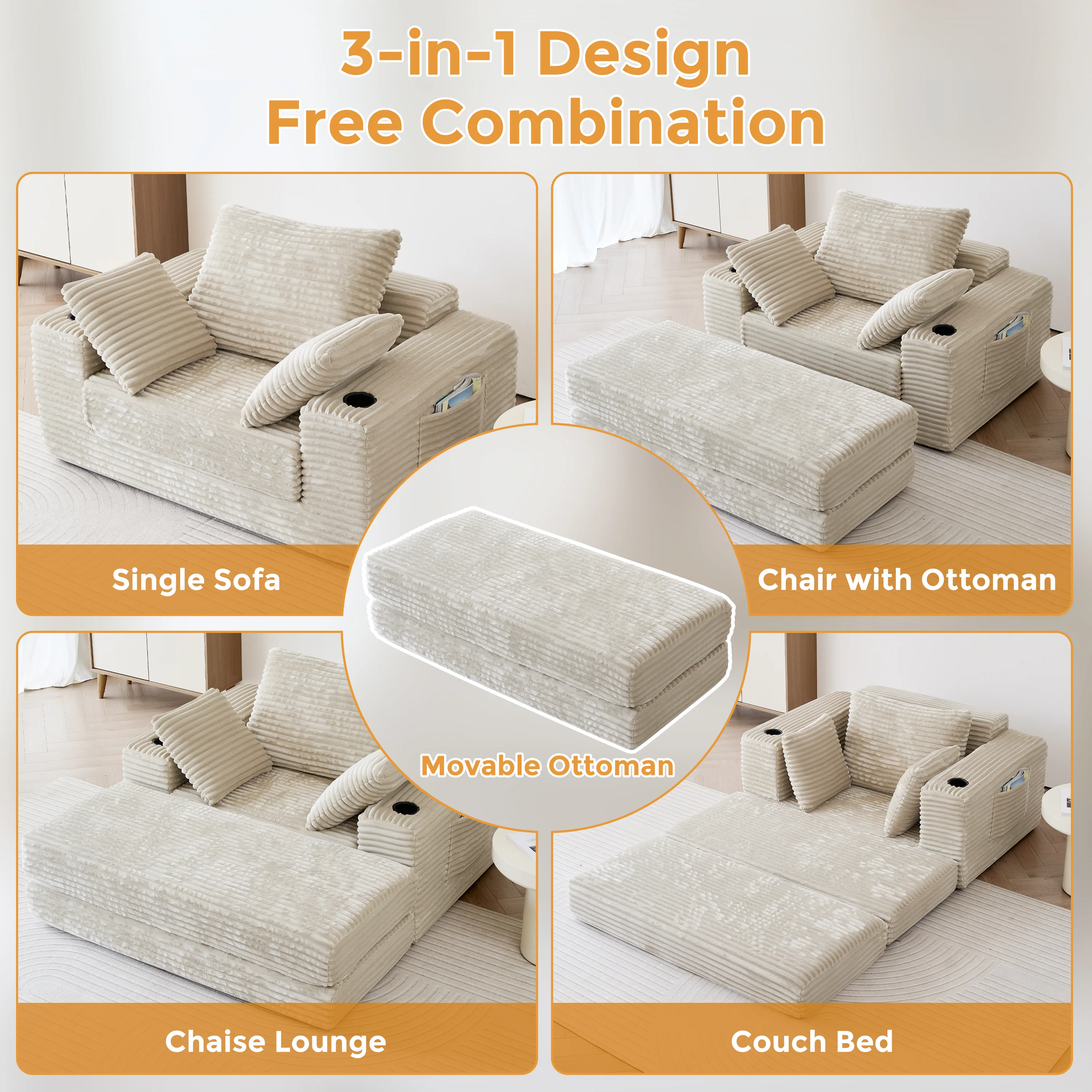 NÓVORA CASA 53.5” Moderno extragrande diván descanso Sofá cama