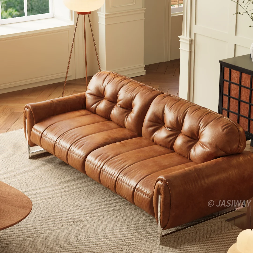 JASIWAY mediados siglo Moderno Café piel sofá sofá| Vintage capitonado 3-plazas profundo asiento sofá con enrollado brazos & metal patas para Sala