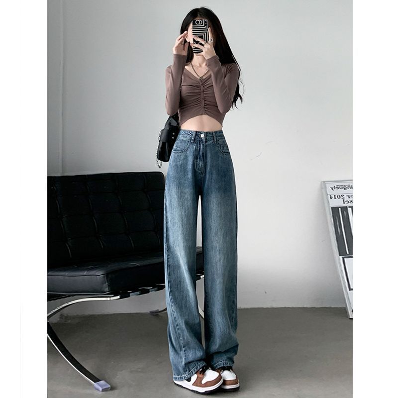 American-style loose-fitting wide-leg jeans for women, high-waisted, slimming, floor-length