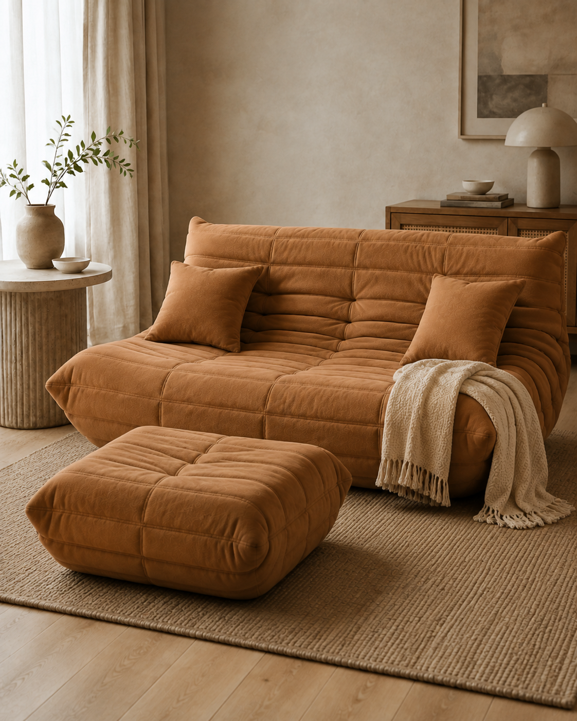 Casa completa | Sofá doble + reposapiés + 2 cojines + manta — Caramelo