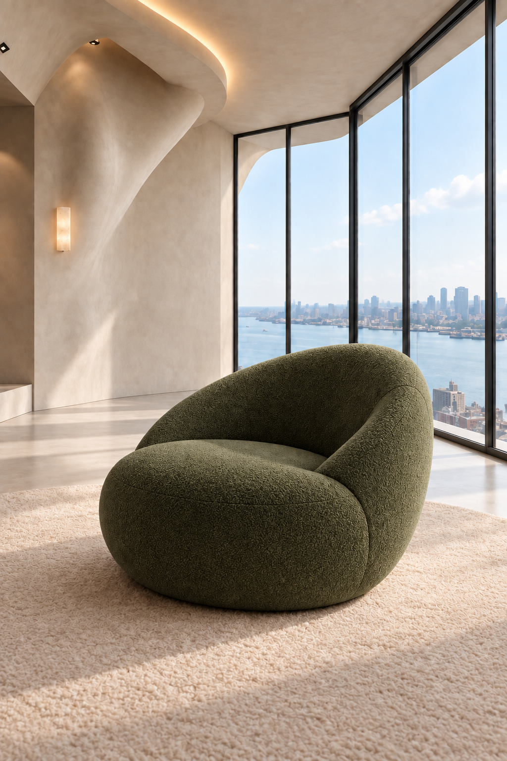 CurvaCasa · 1 sillón individual · Verde oliva · visualización IA