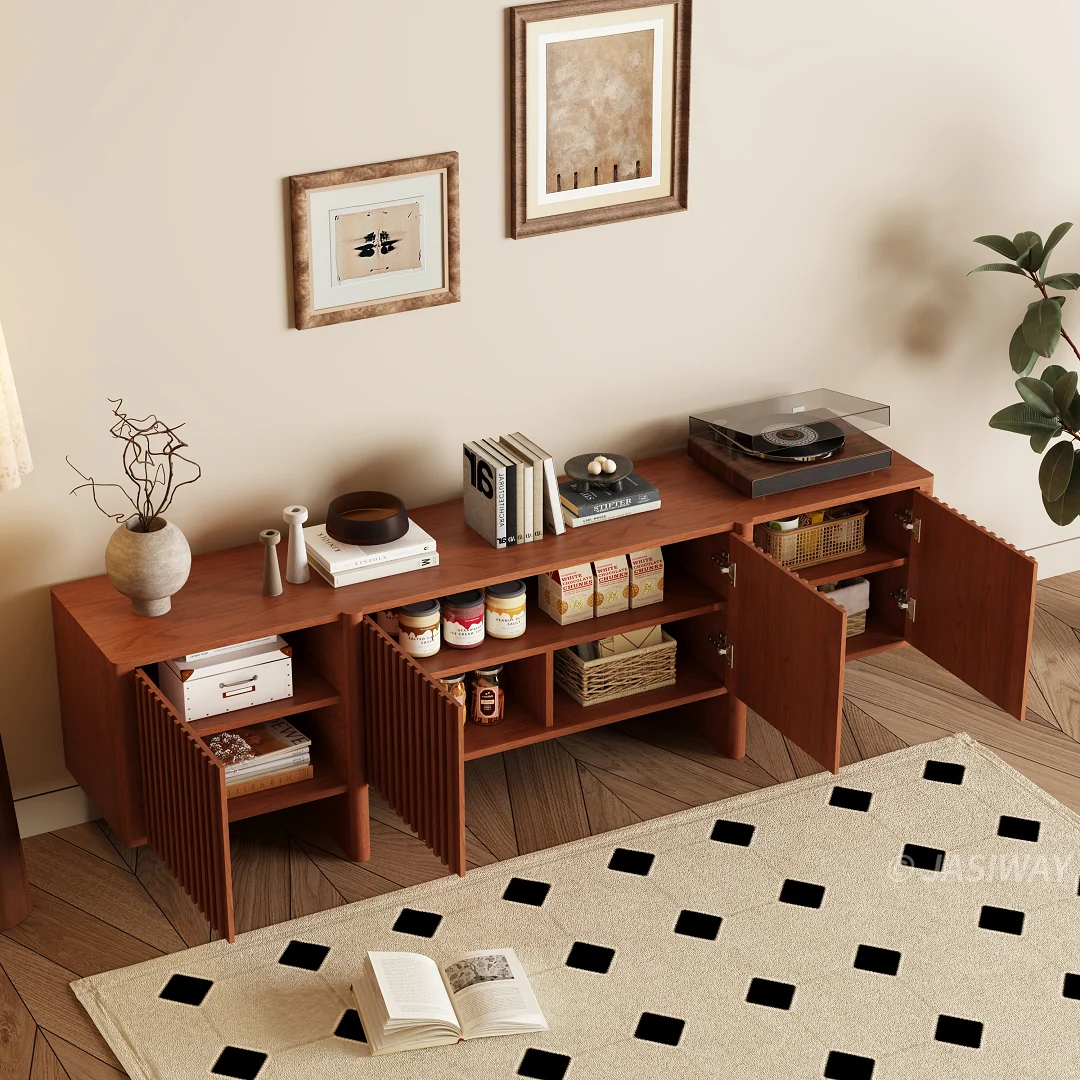 NÓVORA CASA mediados siglo Moderno acanalado Mueble para TV con madera de listones puertas| 79 pulgadas multimedia consola gabinete para TVs superior a 85 pulgadas
