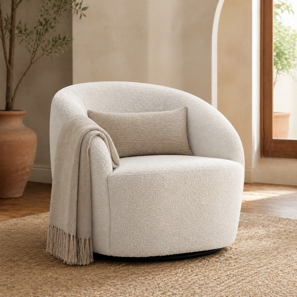 Alma Confort Plus: sillón bouclé con cojín y manta