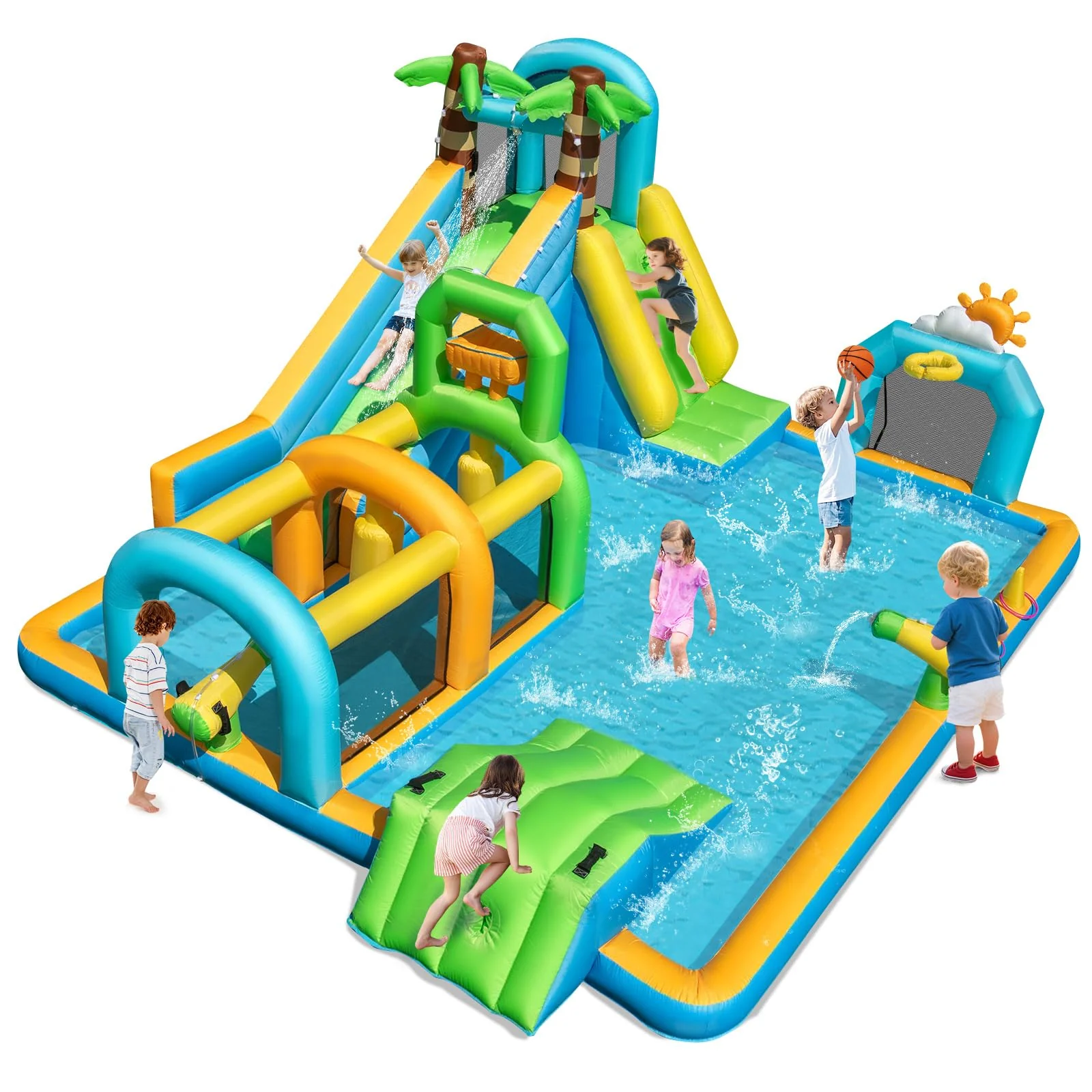 BOUNTECH Inflatable Water Slide Park 9-in-1 Water Slide with Basketball Rim