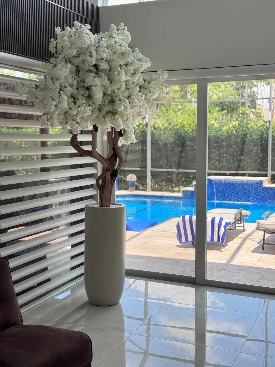 Matte Beige St. Tropez Planter with Custom Made White Cherry Blossom Tree