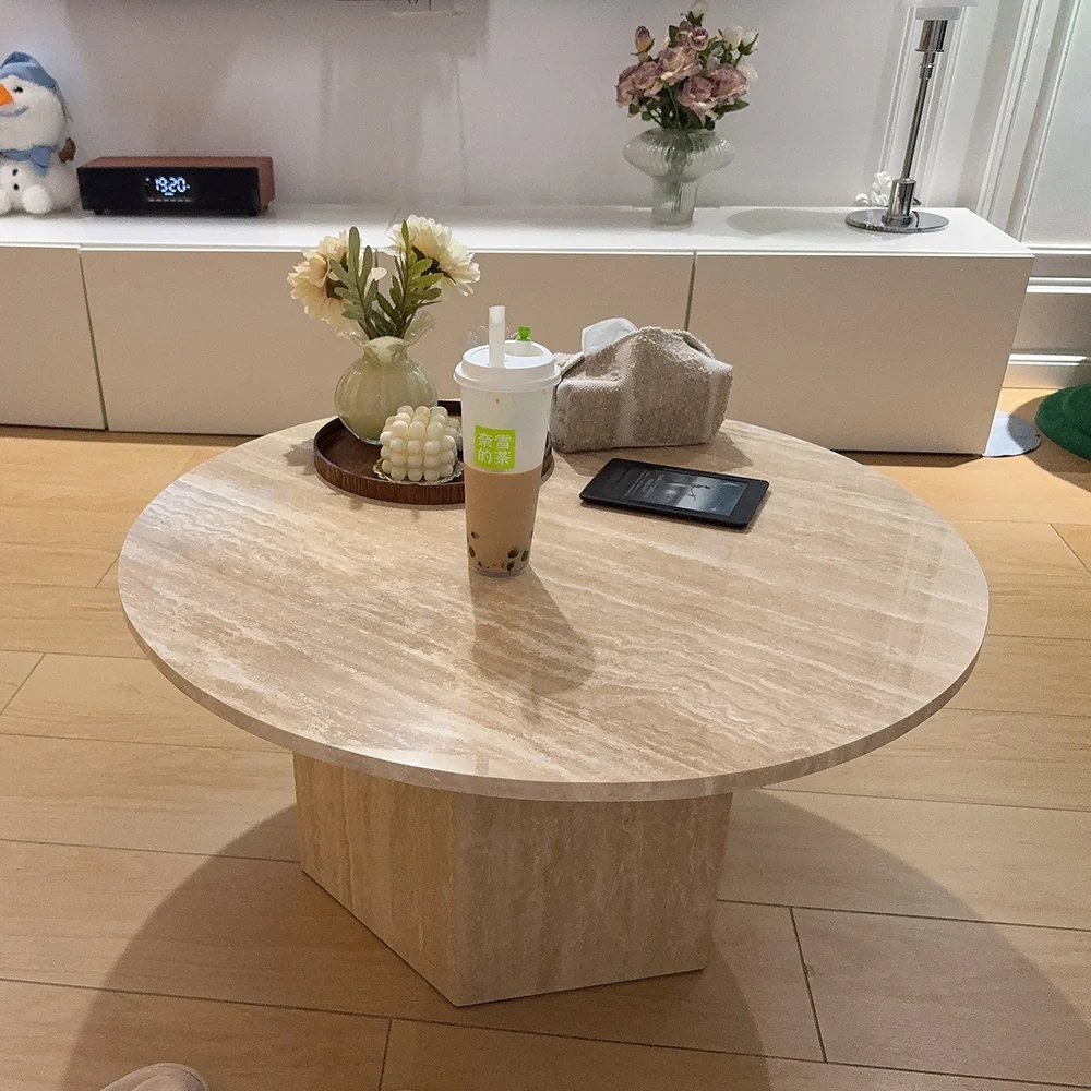 NÓVORA CASA Japandi Redondo Mesa de centro- Beige travertino & premium madera