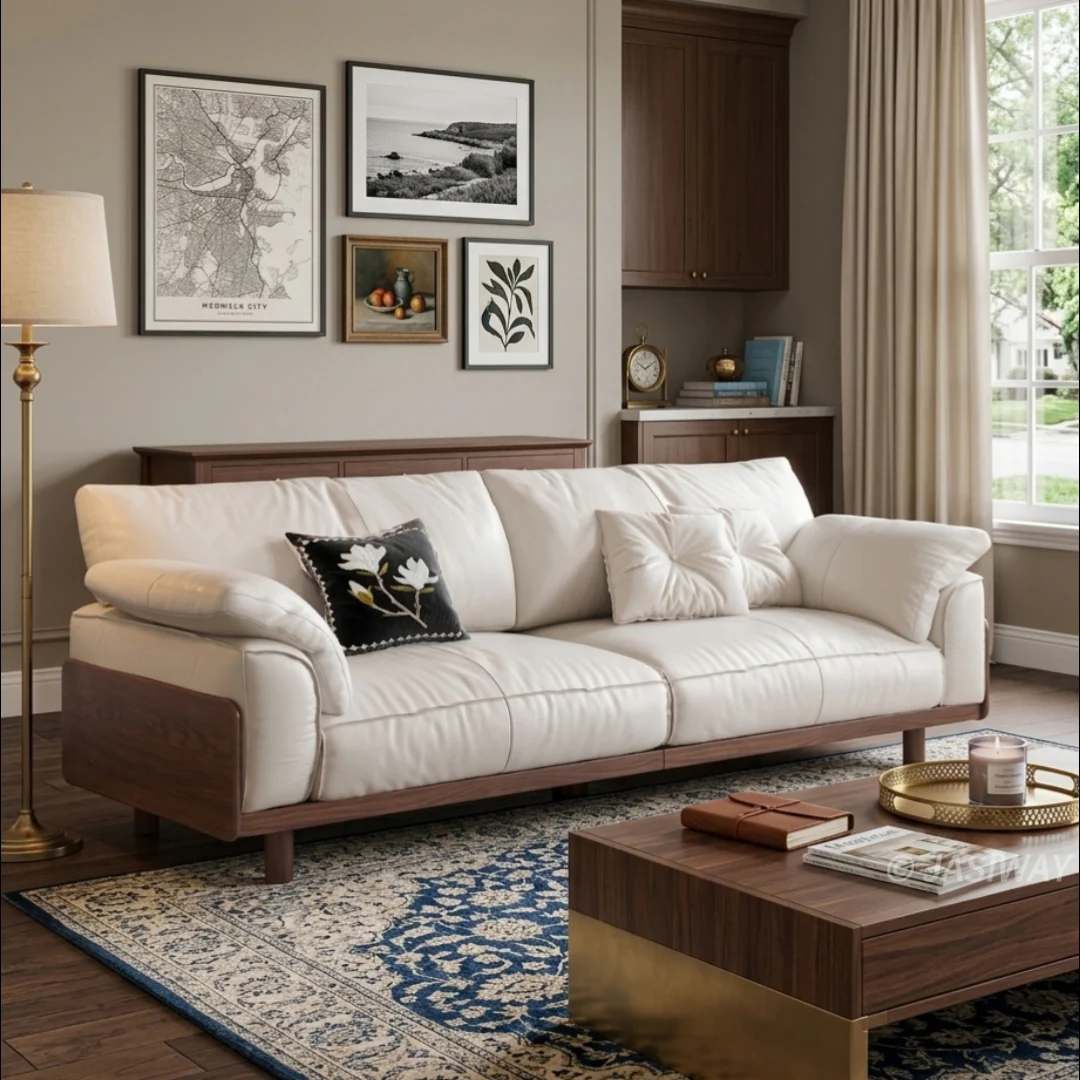 NÓVORA CASA Piel de grano superior sofá| mediados siglo Moderno 3-plazas sofá con Madera maciza soporte- genuino piel Sala muebles