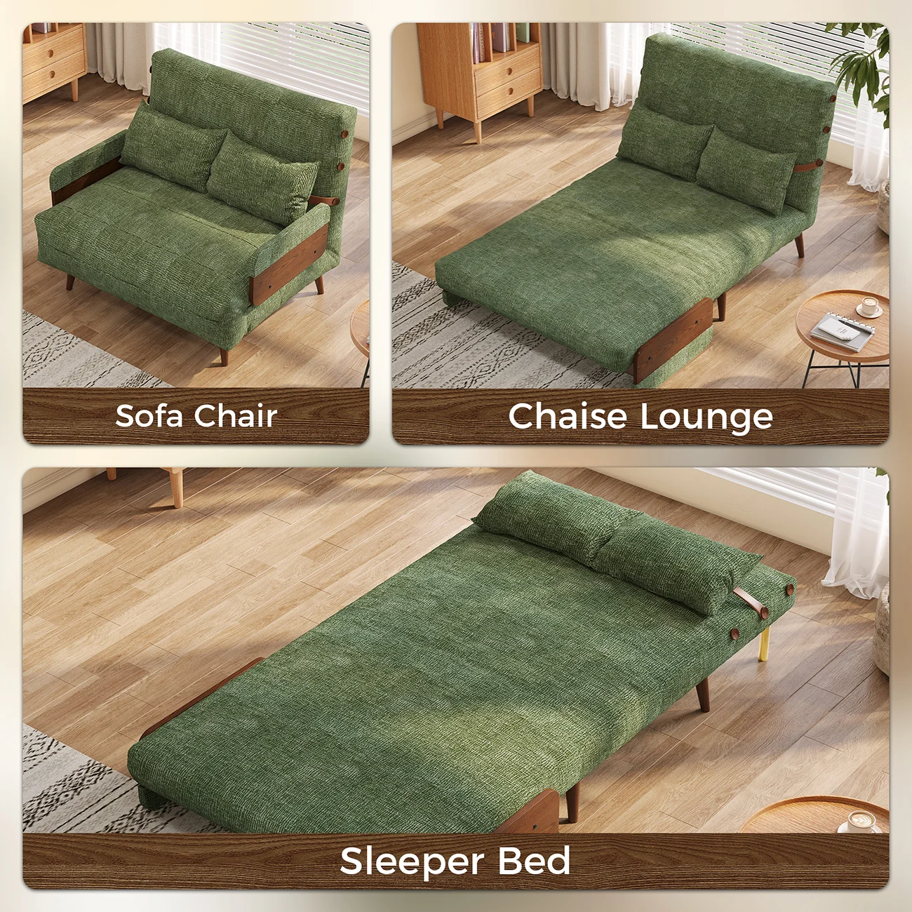 NÓVORA CASA mediados siglo Moderno Verde Sofá cama transformable para pequeño espacios| individual cama sofá con madera brazos