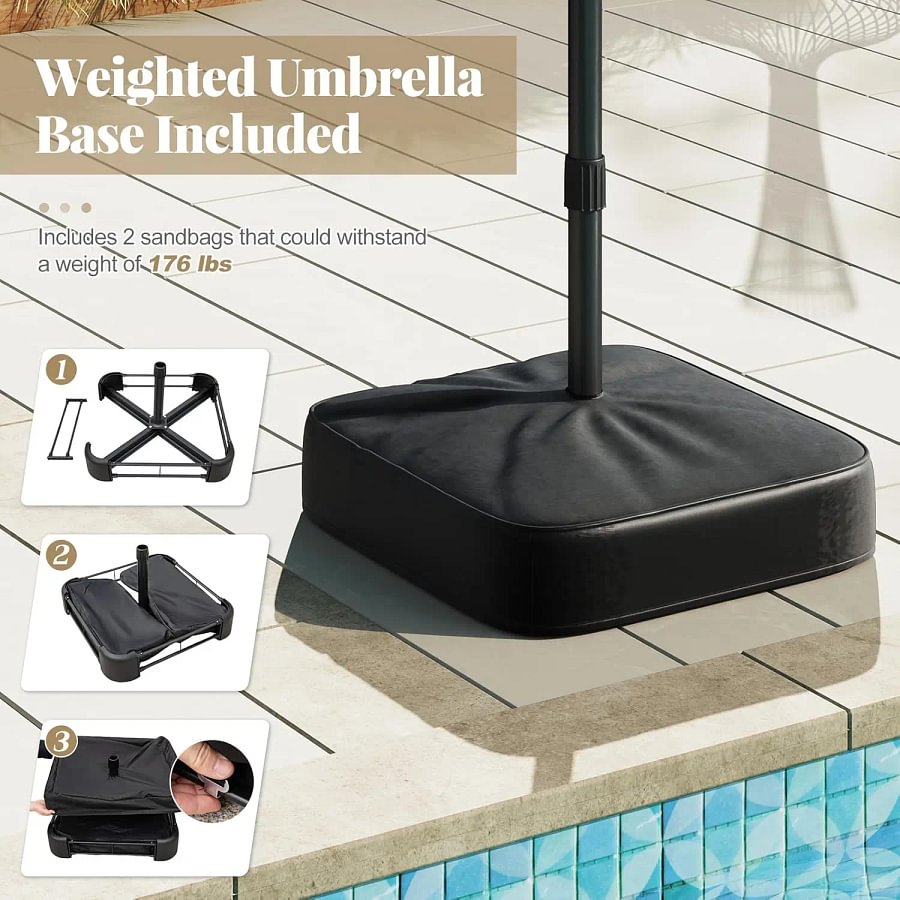 Sombrilla solar de 4,5/4 m con base, sombrilla doble extragrande para exteriores con 36 luces LED y manivela, perfecta para jardines, patios, piscinas y cobertizos exteriores.