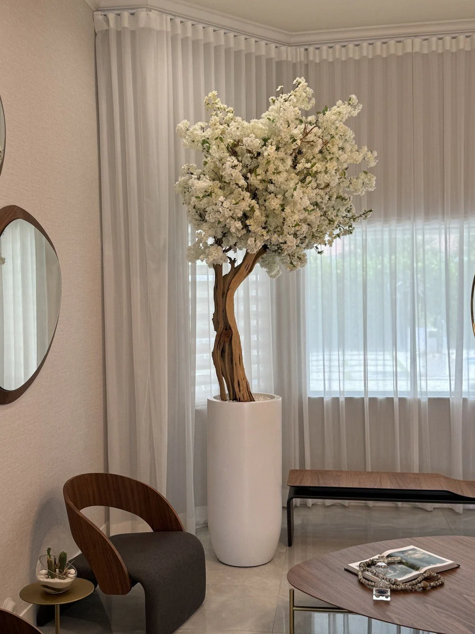 Matte Beige St. Tropez Planter with Custom Made White Cherry Blossom Tree