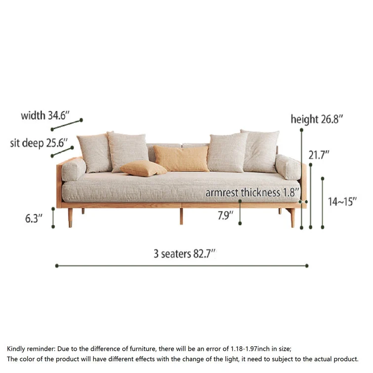 NÓVORA CASA Beige 3-asiento Tapizado lino tela sofá con Madera maciza estructura para Sala