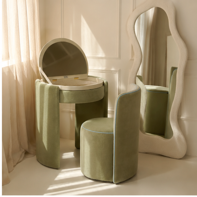 LunaNest™ | Tocador compacto tapizado con espejo y silla